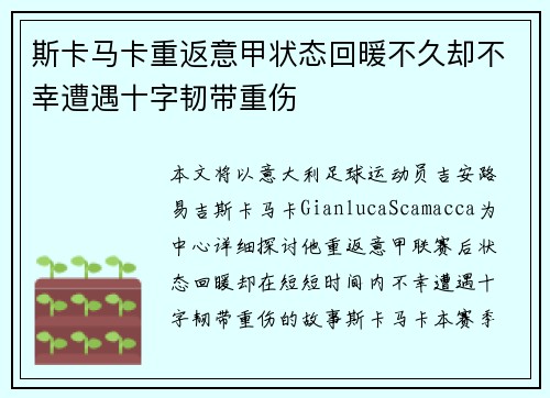 斯卡马卡重返意甲状态回暖不久却不幸遭遇十字韧带重伤 斯卡马卡重返意甲状态回暖不久却不幸遭遇十字韧带重伤